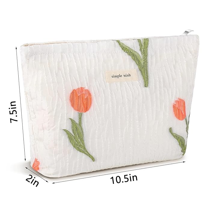 ZLFSRQ Tulip Makeup Bag for Women Floral Cosmetic Pouch for Purse Zipper Cosmetic Bags Large Capacity Quilted Canvas Cute Aesthetic Flower Makeup Bags Gift Travel Toiletry Makeup Organizer