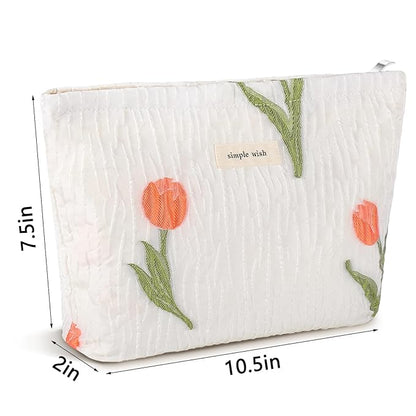 ZLFSRQ Tulip Makeup Bag for Women Floral Cosmetic Pouch for Purse Zipper Cosmetic Bags Large Capacity Quilted Canvas Cute Aesthetic Flower Makeup Bags Gift Travel Toiletry Makeup Organizer