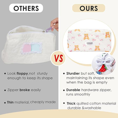 Cute Quilted Makeup Bag Pencil Pouch, Handmade Bow Floral Aesthetic Cosmetic Pencil Case Toiletry Brushes Organizer Bag for Women， Bear Core
