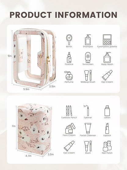 ROWNYEON Clear Makeup Case Toiletry Bag Multipurpose Travel Makeup Train Case Portable Cosmetic Organizer Transparent Storage Bag