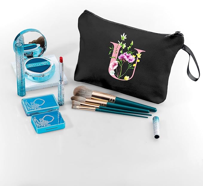 SEAMOON Birthday Bridal Shower Unique Initial Gifts for Women Mom Sister Daughter Friend Bff Personalized Travel Makeup Cosmetic Bag with Mirror Valentines Mothers Day Christmas Graduation U
