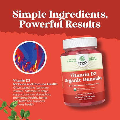 Organic Vitamin D Gummies for Adults - Daily Immune Support Gummies with Vegan Vitamin D3 2000IU - USDA Organic Vitamin D3 Gummies for Adults Wellness - Non GMO Gluten Free - 2 Month Supply