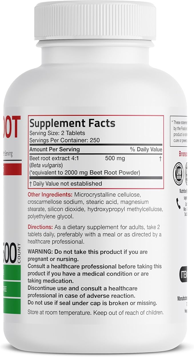 Bronson Beet Root Extra Strength (Equivalent to 2000mg Beet Root per Serving from 500mg 4:1 Extract), Non-GMO, 500 Vegetarian Tablets