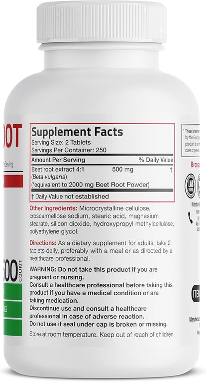 Bronson Beet Root Extra Strength (Equivalent to 2000mg Beet Root per Serving from 500mg 4:1 Extract), Non-GMO, 500 Vegetarian Tablets