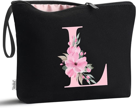 Vavabox A-Z Personalized Makeup Bag, Birthday Gifts for Women Mom, Gifts for Best Friend, Bride Bridesmaid Cosmetic bag (L, Black)