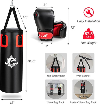 Goplus Punching Bag for Adults, 56 lbs Heavy Hanging Boxing Bag Set with 12 OZ Punching Gloves & Hand Wraps, Filled Kickboxing Bag Perfect for MMA, Muay Thai, Karate, Taekwondo Home Gym Training