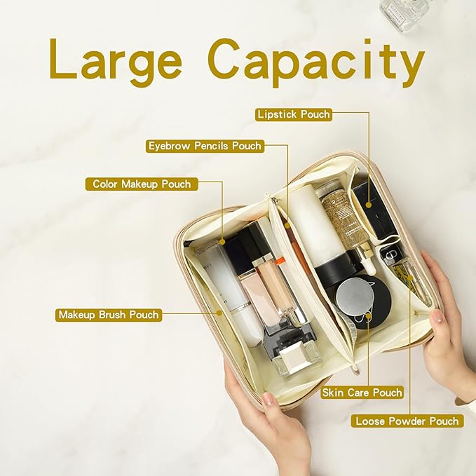 Travel Makeup Bag, Large Capacity Waterproof Cosmetic Bag for Women, Portable Pouch Open Flat Toiletry Bag Make up Organizer with Divider and Handle, Pink