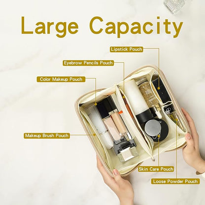 Travel Makeup Bag, Large Capacity Waterproof Cosmetic Bag for Women, Portable Pouch Open Flat Toiletry Bag Make up Organizer with Divider and Handle, Pink
