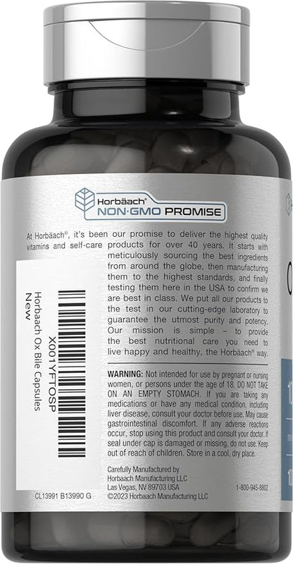 Horbäach Ox Bile Supplement | 1000mg | 100 Capsules | Digestive Enzymes Supplement | Non-GMO & Gluten Free