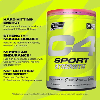 Cellucor C4 Sport Strength Pre Workout Powder - NSF Certified for Sport - Beta-Alanine, Creatine, 200mg Caffeine - Sugar Free Energy Supplement for Men & Women - Fruit Punch, 20 Servings