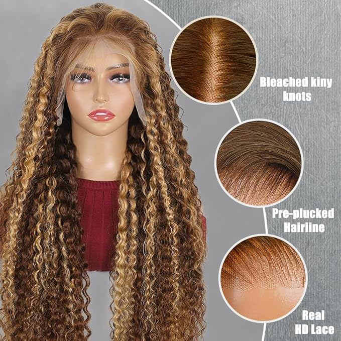 28inch Highlight Curly Lace Front Wigs Human Hair Balayage Brown Highlight 13X4 Deep Wave Wigs Human Hair Ombre Curly Wig #4/27 Colored Wigs for Women 180% Density