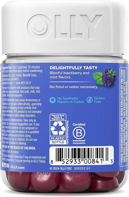 OLLY Extra Strength Sleep Gummy, Occasional Sleep Support, 5 mg Melatonin, L-Theanine, Chamomile, Lemon Balm, Sleep Aid, BlackBerry - 50 Count