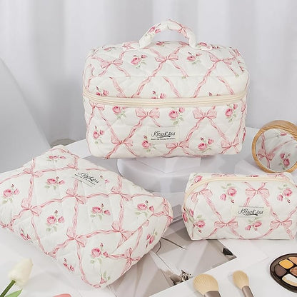 kingkiss Makeup Bag, Quilted Cosmetic Bag, Large Capacity Make Up Bag for Women, Cute Floral Storage Toiletry Bag Travel Storage Makeup Bag (Pink)