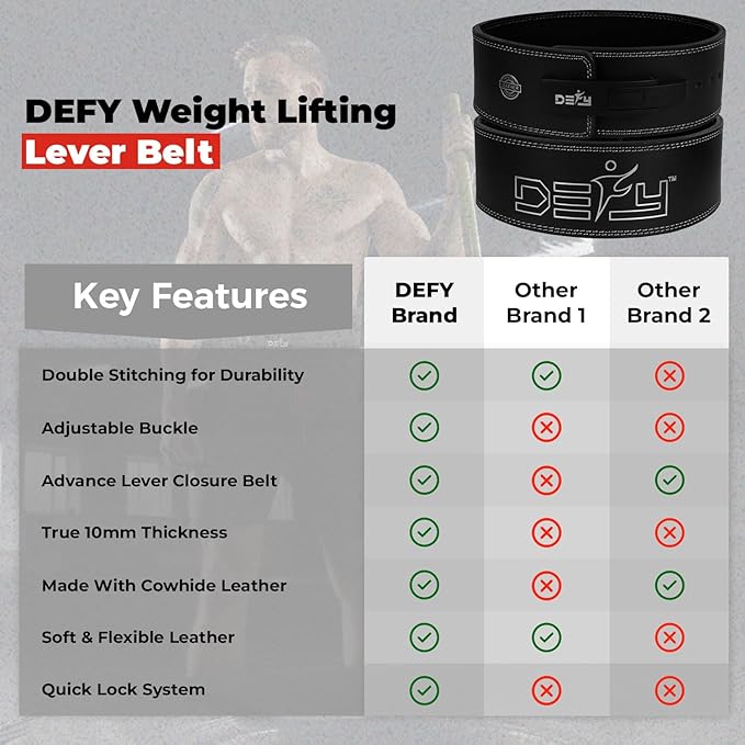 DEFY Weight Lifting Lever Belt - Pure Leather 10MM Weightlifting 4" Wide