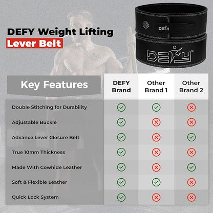 DEFY Weight Lifting Lever Belt - Pure Leather 10MM Weightlifting 4" Wide