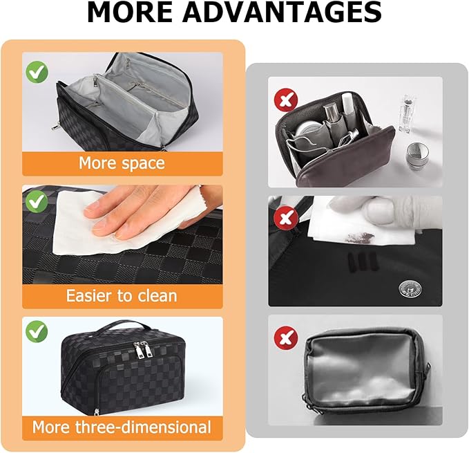Travel Makeup Bag, Large Capacity Cosmetic Bags for Women, Waterproof Lining and PU Leather Portable Pouch, Open Flat Toiletry Bag, Make up Organizer with Divider & Handle (Black)