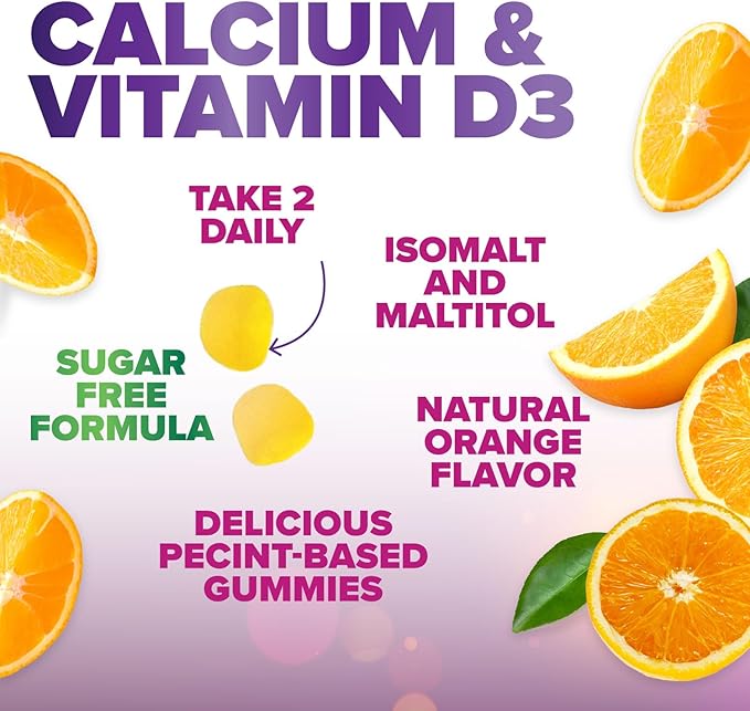 Sugar Free Calcium Gummy Bites Plus 400 IU Vitamin D3, Bone Health & Immune Support - Chewable Calcium Nutrition Supplement, Non-GMO, Orange Flavor Chews - 120 Gummies