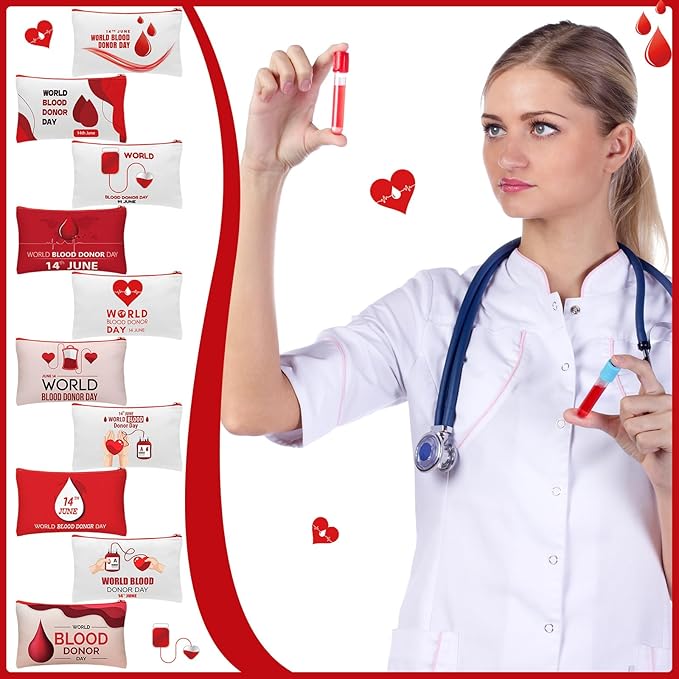 Kacctyen 10 Pcs World Blood Donor Day Appreciation Gifts Makeup Bag Cosmetic Bags Canvas Pouch Bags Portable Blood Donor Pouch Bag Travel Organizer for World Blood Donor Day Charity Giveaways