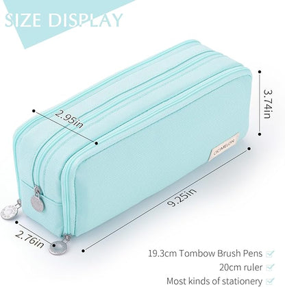 CICIMELON Pencil Case Large Capacity Pencil Pouch 3 Compartments Pencil Bag Gift for Students Girls Adults Women (Light Blue)