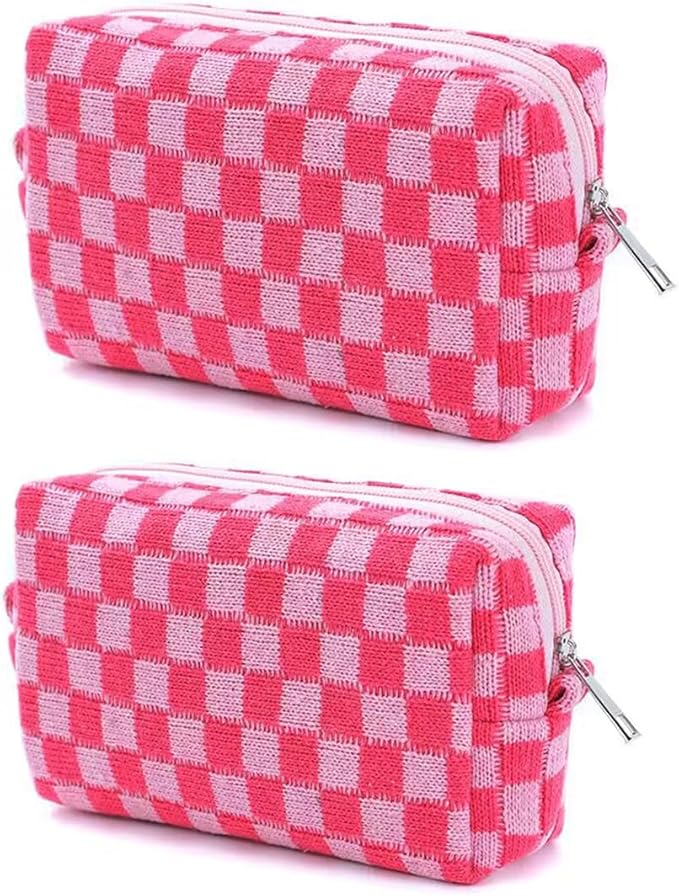 SxoSyo 2 Pcs Cosmetic Bags for Women Makeup Bag Purse Travel Toiletry Zipper Storage Pouch Make up Brushes Organizer for Gifts (Checkered, Pink 2)