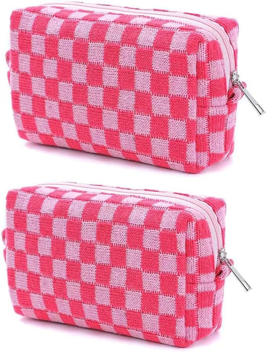 SxoSyo 2 Pcs Cosmetic Bags for Women Makeup Bag Purse Travel Toiletry Zipper Storage Pouch Make up Brushes Organizer for Gifts (Checkered, Pink 2)