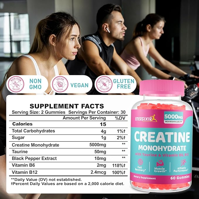 Creatine Monohydrate Gummies, Creatine for Women, Creatine Pre Workout Chewables Supplement 5000mg with Taurine & B6 - for Muscle, Recovery, Strength, Energy & Endurance and Performance - 60 Count