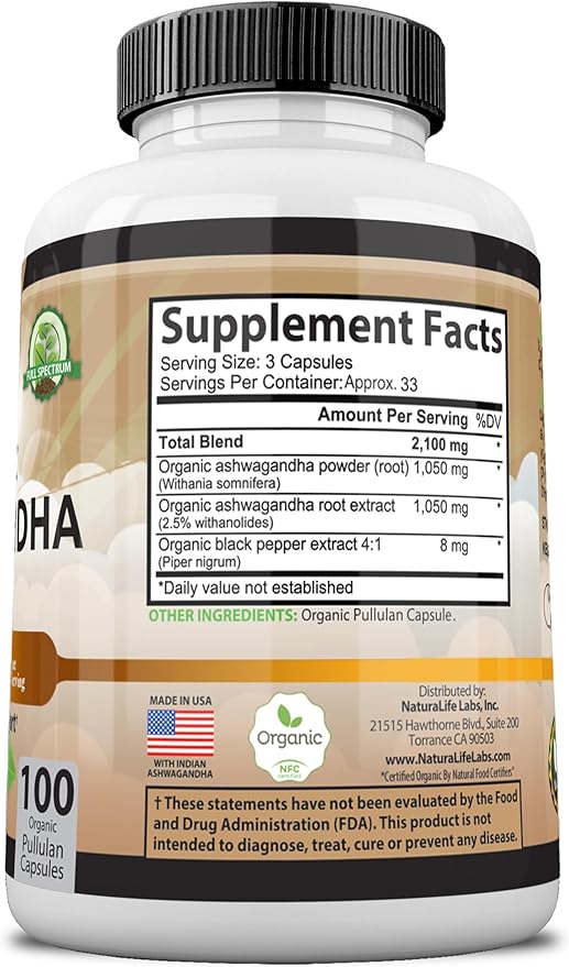 Organic Ashwagandha 2,100 mg - 100 Veggie Capsules Pure Organic Ashwagandha Powder and Root Extract - Stress Relief, Mood Enhancer
