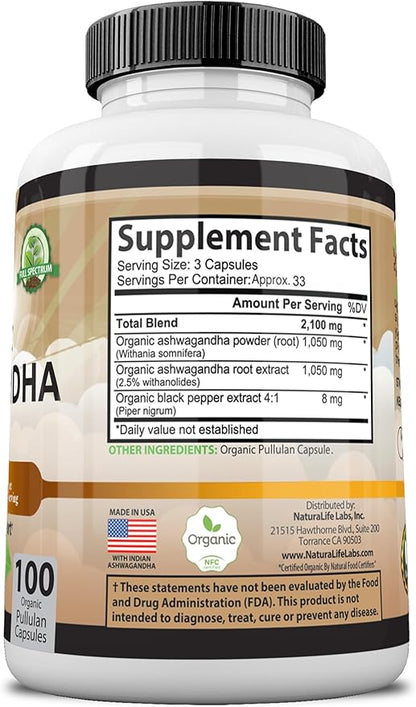 Organic Ashwagandha 2,100 mg - 100 Veggie Capsules Pure Organic Ashwagandha Powder and Root Extract - Stress Relief, Mood Enhancer
