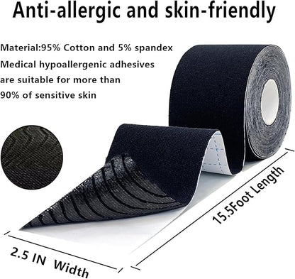 Kinesiology Tape Pro 5 Rolls, 2 Inch High Elasticity Sports Tape Therapeutic Pain Relief–Physio Tape for Muscle Recovery & Joint Support, Waterproof & Hypoallergenic & Breathable–Black