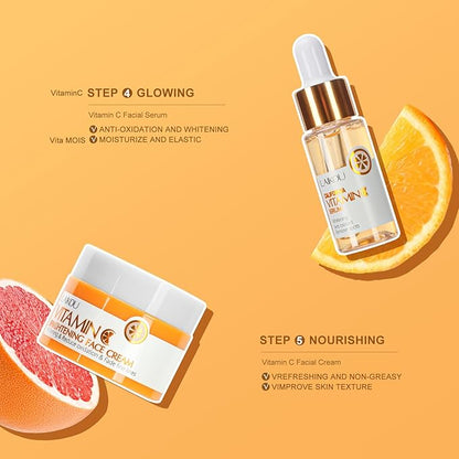 5 Pieces Vitamin C Serum Facial Skin Care Set,Skin Revitalizer, Nourishing, Lightening, Brightening Skin Tone, Gift Set Travel Size Kit with Cleanser, Toner, Serum, Eye Cream, Face Cream