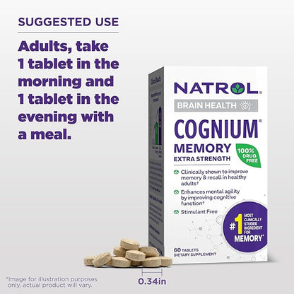 Natrol Cognium Memory Extra Strength Silk Protein Hydrolysate 200mg, Dietary Supplement for Brain Health and Memory Support, 60 Tablets, 30 Day Supply