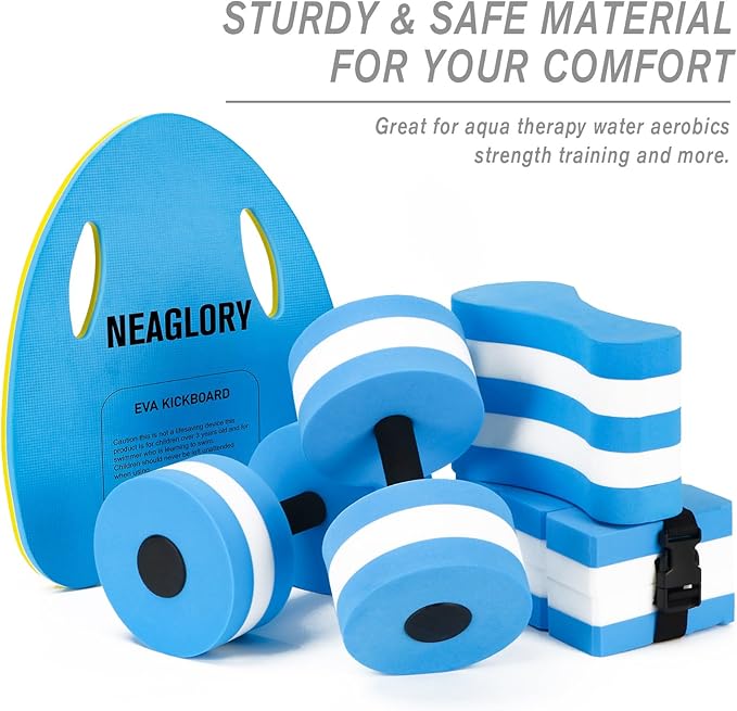 NEAGLORY 5-Piece Aquatic Exercise Set - Pool Fitness Equipment with Foam Water Dumbbell, Swim Kickboard, Pull Buoy, Aquatic Swim Belt