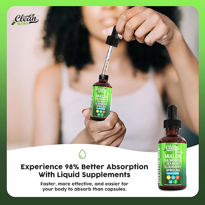 Organic Mullein Liquid Drops With Chlorophyll for Lung Detox Plus Irish Sea Moss, Spirulina, Licorice, Tart Cherry, Lobelia, Motherwort, And Elderberry For Men Women Health Supplement Vitamin