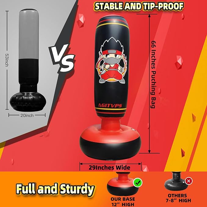 Inflatable Punching Bag Set, 66" Punching Bag for Boys & Girls Aged 8-12 with Kids Boxing Gloves, Super Air Pump | Suitable for Children's Daily Exercise, Happy Family Time