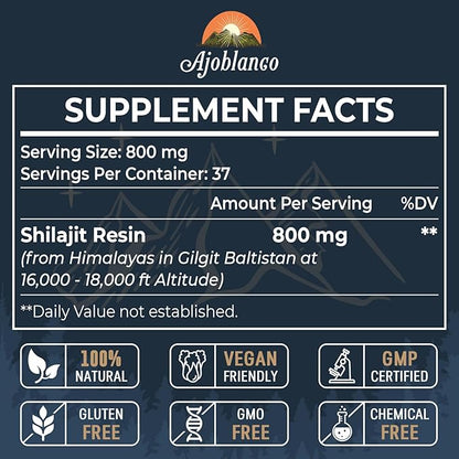 Ajoblanco 800 Mg Himalayan Shilajit Resin, Shilajit Pure Himalayan Organic, Shilajit Supplement with Purity, High Dosage & Potency for Energy, Strength & Immunity, Men & Women, 30 Grams, Pack of 2