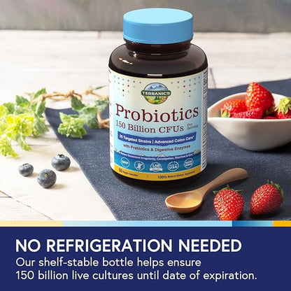 Terranics Daily Probiotics for Men & Women, 150 Billion 25 Strains Colon Care Probiotics, with Prebiotics & Enzymes, Healthy Regularity, Delayed Release, Shelf Stable, 60 Veggie Caps