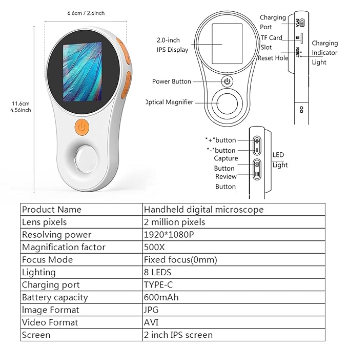 Handheld Dermatoscope Skin Analyzer Machine, Wireless Portable Digital Microscope with 1080P IPS Screen 8 LEDs, 500X Magnifier, for Scalp/Hair Trichomes Facial Skin Dermatoscope