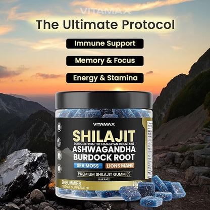 Organic Shilajit Gummies 1500mg, Sea Moss 200mg, Ashwagandha 500mg, 105+ Trace Minerals – Organic Burdock Root & Lions Mane Mushroom - Blue Razz – Vegan & Non-GMO – Made in USA – 60ct