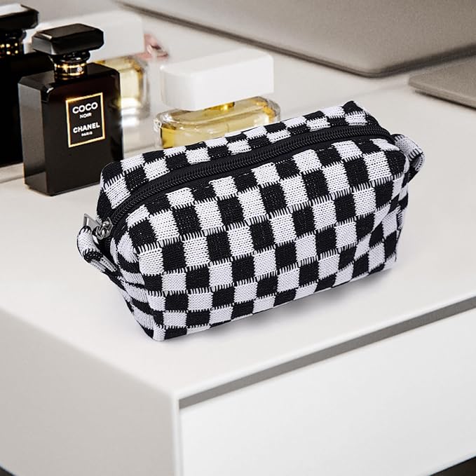 Small Cute Checkered Makeup Bag - Portable Cosmetic Pouch with Zipper, Travel Toiletry Bag, Purse Organizer, Beauty Storage, Black