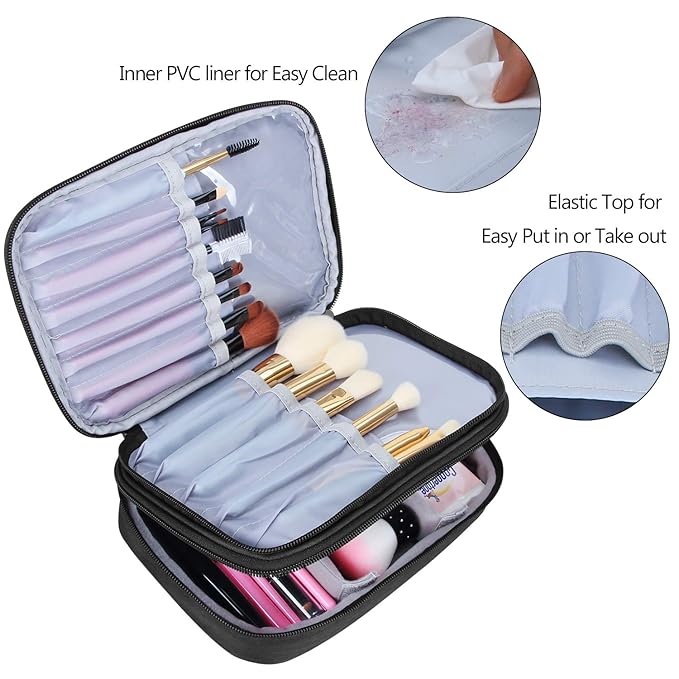 Teamoy Travel Makeup Brush Case(up to 8.8"), Professional Makeup Train Organizer Bag with Handle Strap for Makeup Brushes and Makeup Essentials-Medium, Black(No Accessories Included)