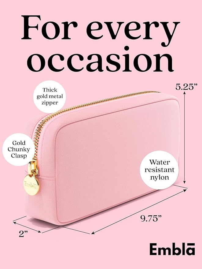 Embla Makeup Bag Travel Cosmetics Pouch and Toiletry Bag, Nylon Zipper Pouch Purse, Cute Make Up Organizer Storage Tote for Women Girls, Waterproof Travel Skincare Case, Small Makeup Bags, Ballet Pink