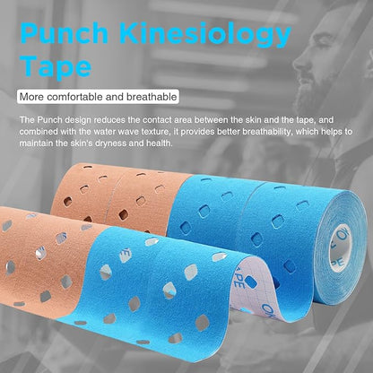 OK TAPE Punch Kinesiology Tape, Punch Hole Athletic Tape for Joints Support & Muscle Pain Relief,2 Rolls Blue,2in x 16.4ft
