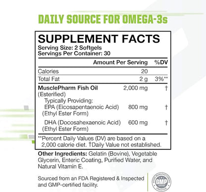 MusclePharm Essentials Fish Oil, Elite Omega 3 Supplement, Supports Joints, Muscular Performance & Recovery, Brain, Heart & Immune Health, 2000mg Omega 3 Fish Oil Per Serving, 60 Softgels, 30 Servings