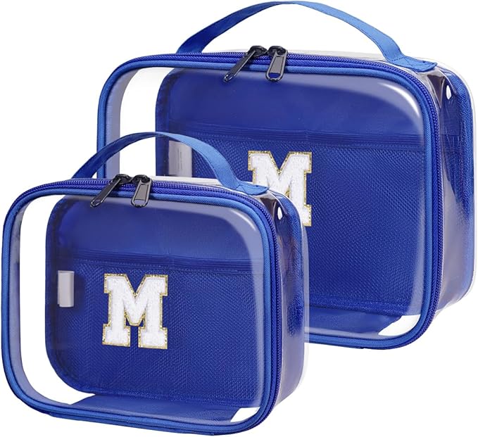 Wandering Nature Clear Makeup Bags 2 Pack Personalized Initial Makeup Pouch Preppy Small Cosmetic Pouch Organizer Travel Toiletry Bag, Birthday Gifts for Girlfriend Women