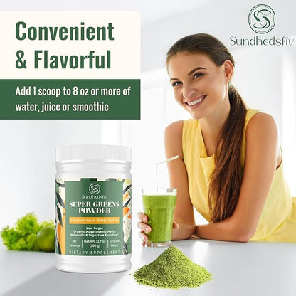 Super Greens Powder Superfood Supplement + Electrolytes & Tonic Herbs | Organic Greens, Adaptogens, Shilajit, Antioxidants, Preobiotic & Probiotic & Postbiotic | for Gut, Energy & Immune | 30 Servings