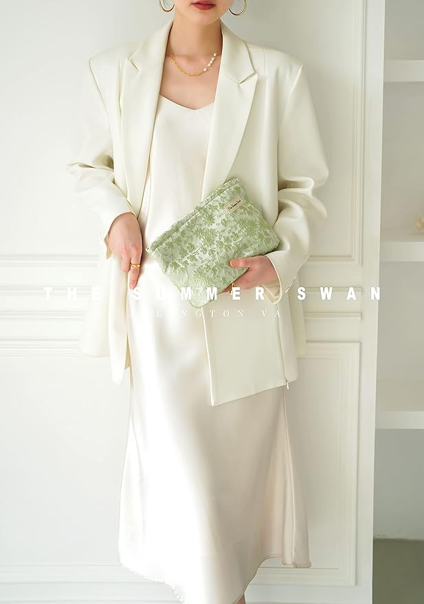 The Summer Swan | Floral Cosmetic Bag｜Large Aesthetic Travel Makeup Bag | Personal Item Bag | Preppy Makeup Pouch | Skincare Bag (Embroidery Green)