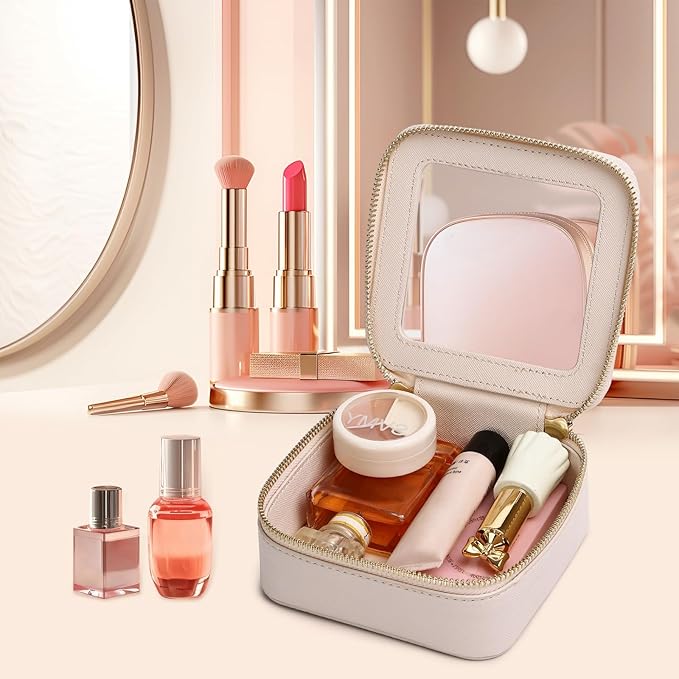 Small Makeup Bag Mini Clear Cosmetic Makeup Case & Toiletry Bag with Zipper Women's Purse Organizer & Car Essentials (Beige, MINI)