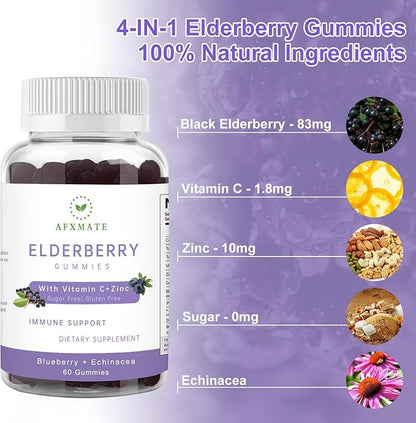 AFXMATE Sambucus Elderberry Gummies, Black Elderberry Gummy with Zinc and Vitamin C for Adults, Sugar Free Kids Multivitamin Gummies, Immune Support* Supplement, 120 Gummies (2 Pack)