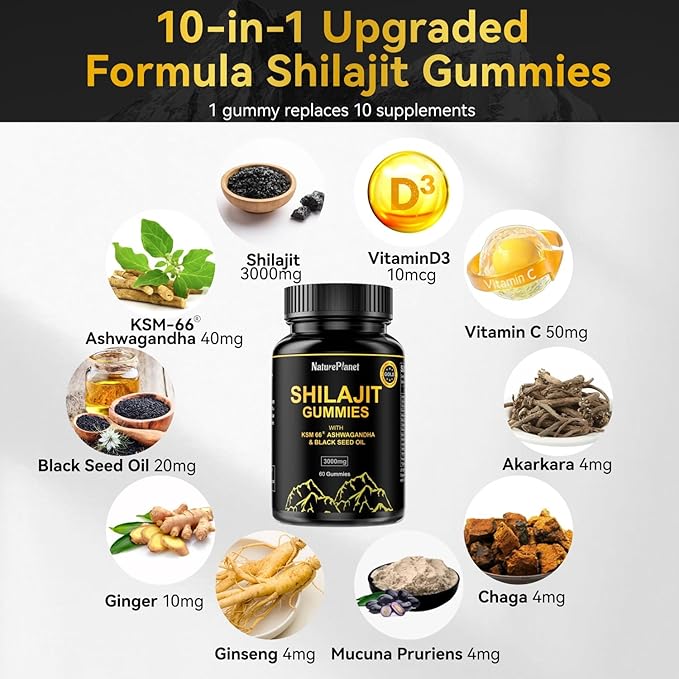 3000 MG Shilajit Gummies, Pure Himalayan Shilajit Extract Organic with 85+ Trace Minerals for Energy & Vitality, 60 Count