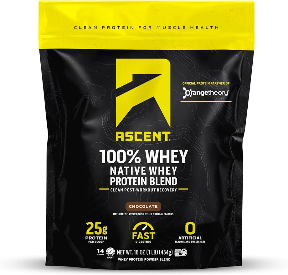Ascent 100% Whey Protein Powder - Post Workout Whey Protein Isolate, Zero Artificial Flavors & Sweeteners, Gluten Free, 5.5g BCAA, 2.6g Leucine, Essential Amino Acids, Chocolate 1 lb